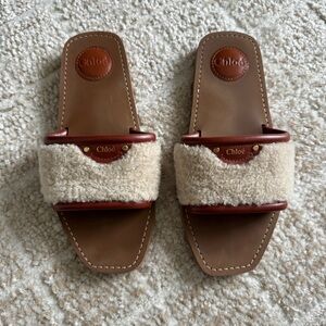 Chloe Woody Shearling Slide Sandals in Brown Leather with Cream Shearling EU 39